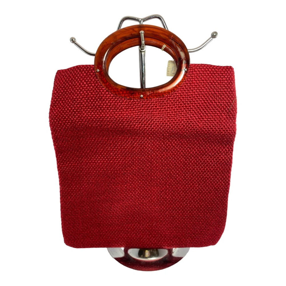 Vintage JR Miami USA 70s Bright Red Burlap with Brown Plastic Top Handles Bag